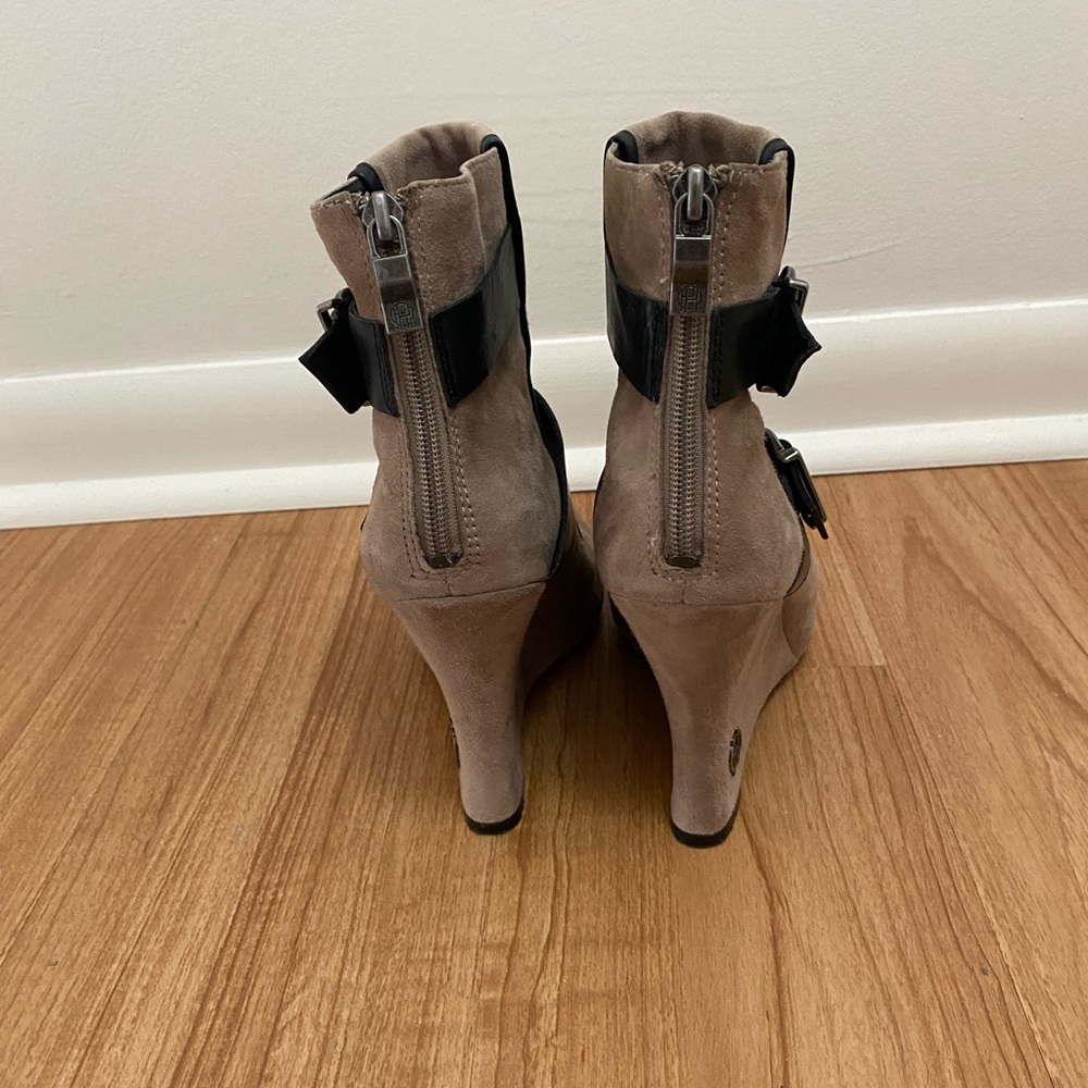 Women's Taupe Suede Wedge Ankle Boots with Black Strap Detail - Picture 4 of 8